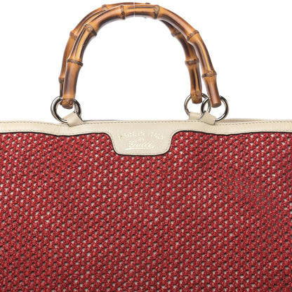 Gucci Straw Calfskin Bamboo Shopper Tote Raspberry 13 of 13