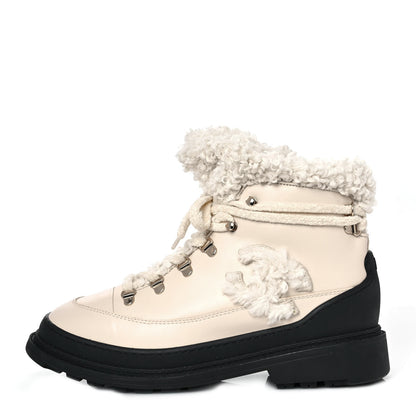 Chanel Calfskin Shearling CC Lace Up Boots 41 Light Beige Ivory 1 of 7