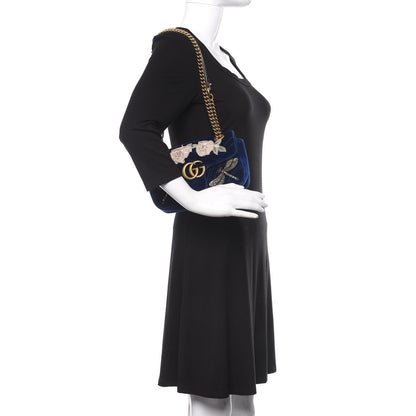 Gucci Velvet Matelasse Embroidered Mini GG Marmont Shoulder Bag Cobalt Blue 3 of 13