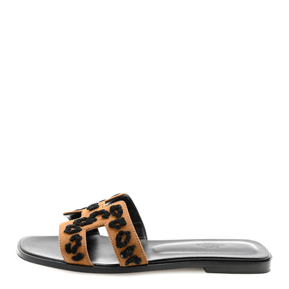Hermes Suede Goatskin Tufted Leopard Womens Oran Sandals 40 Brun Fume Black 1 of 8