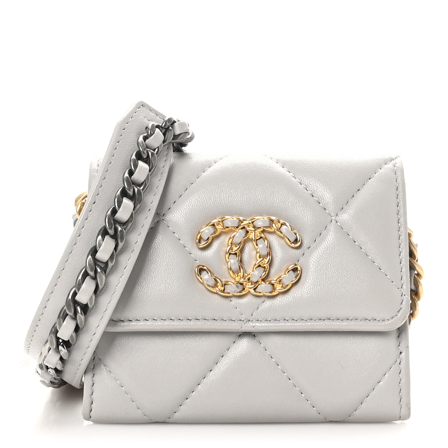 Chanel Lambskin Quilted Chanel 19 Flap Coin Purse With Chain Grey 1 of 11