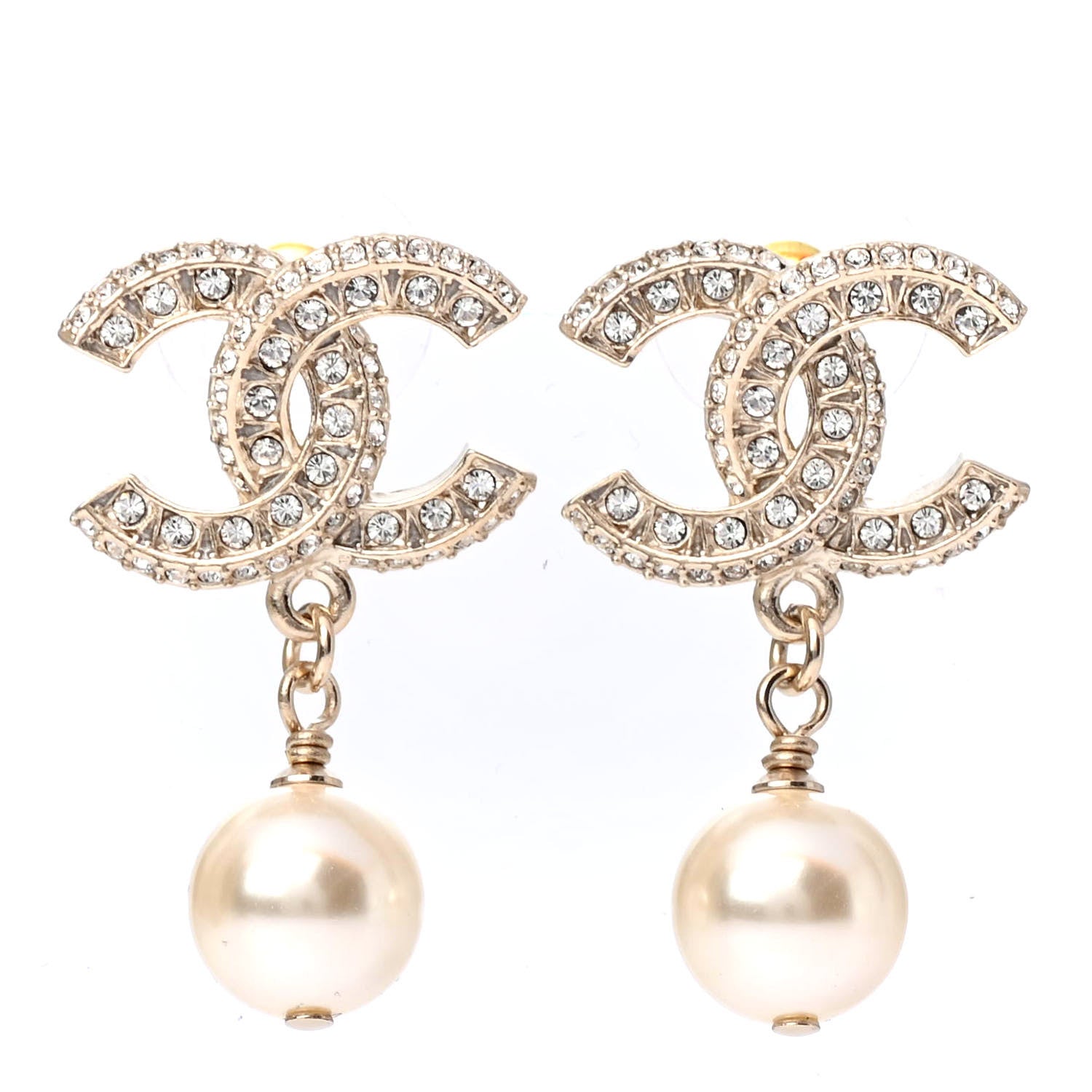 Chanel Crystal Pearl CC Drop Earrings Gold 1 of 4