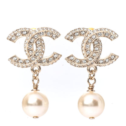 Chanel Crystal Pearl CC Drop Earrings Gold 1 of 4