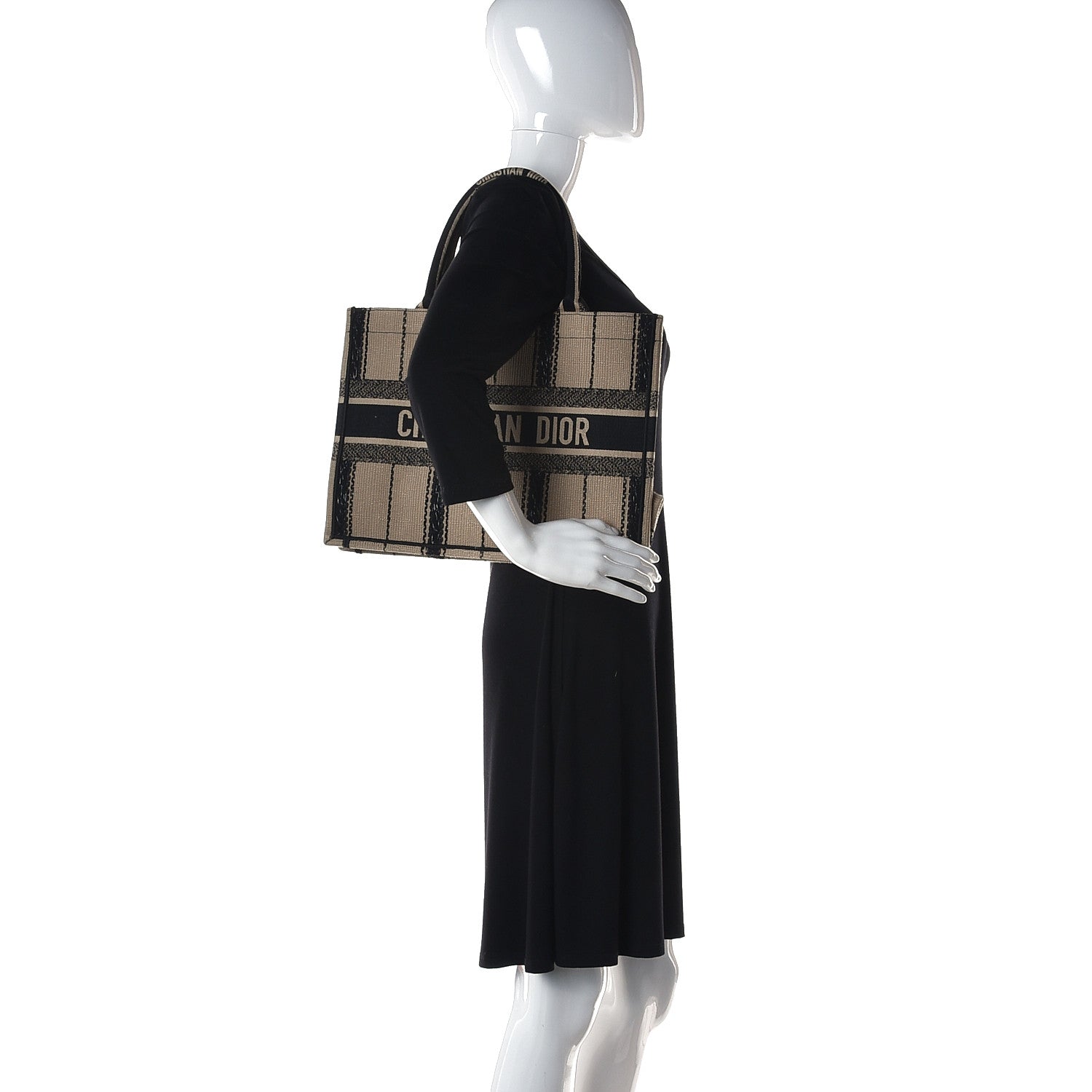 Christian Dior Canvas Embroidered Medium Bayadere Book Tote Black Beige 2 of 9
