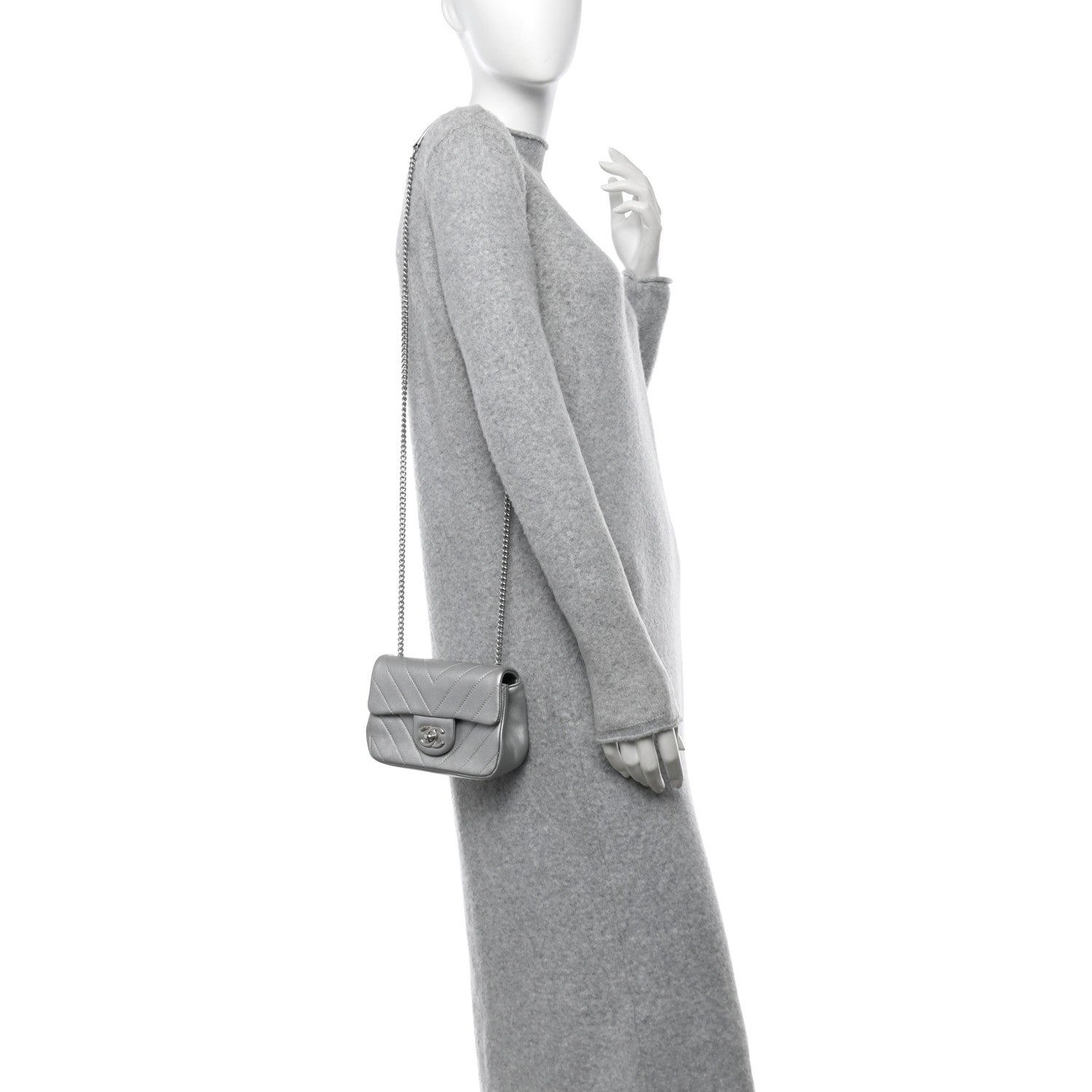 Chanel Metallic Lambskin Chevron Quilted Mini Flap Silver 2 of 10