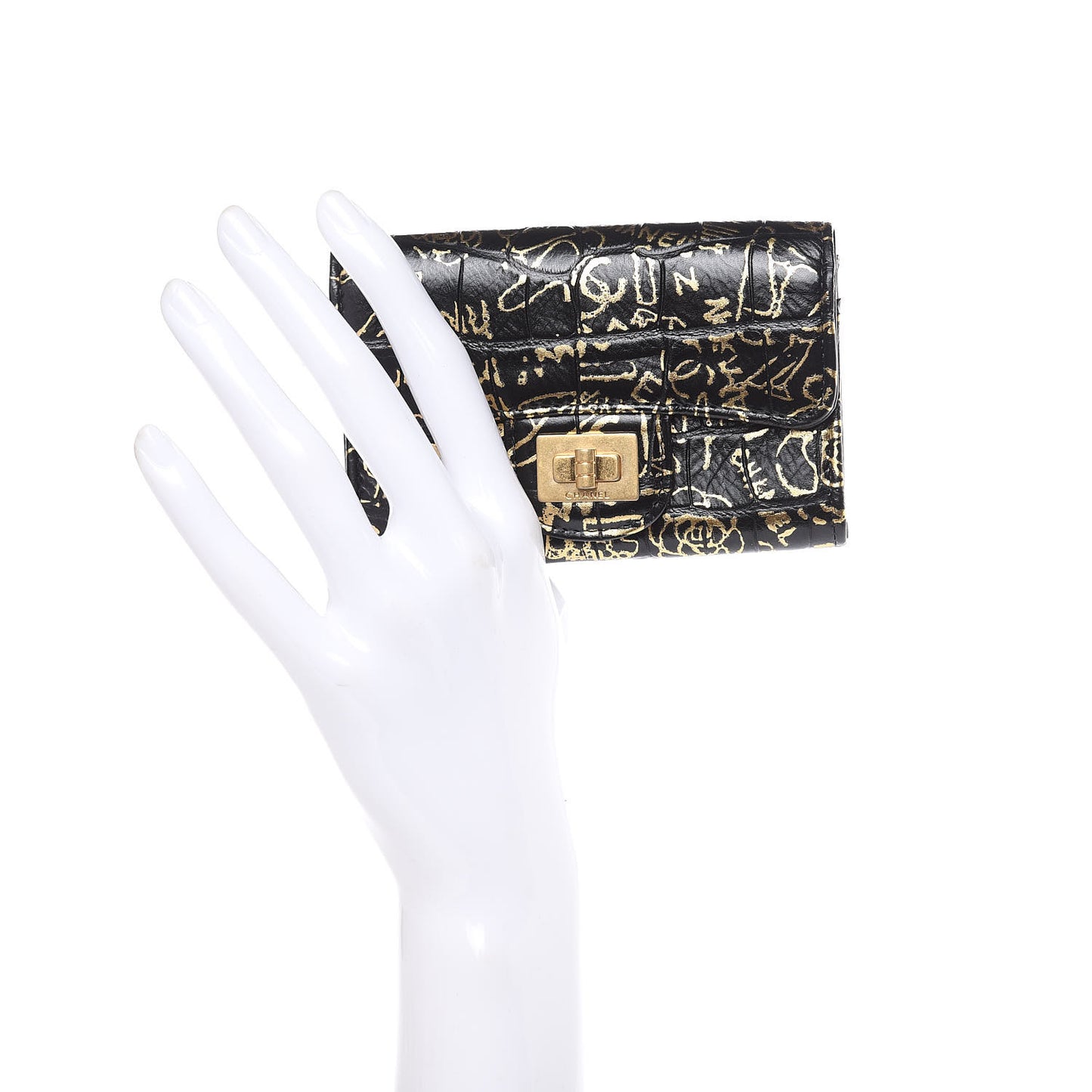 Calfskin Crocodile Embossed Graffiti 2.55 Cocodile Reissue Flap Card Holder Black Gold