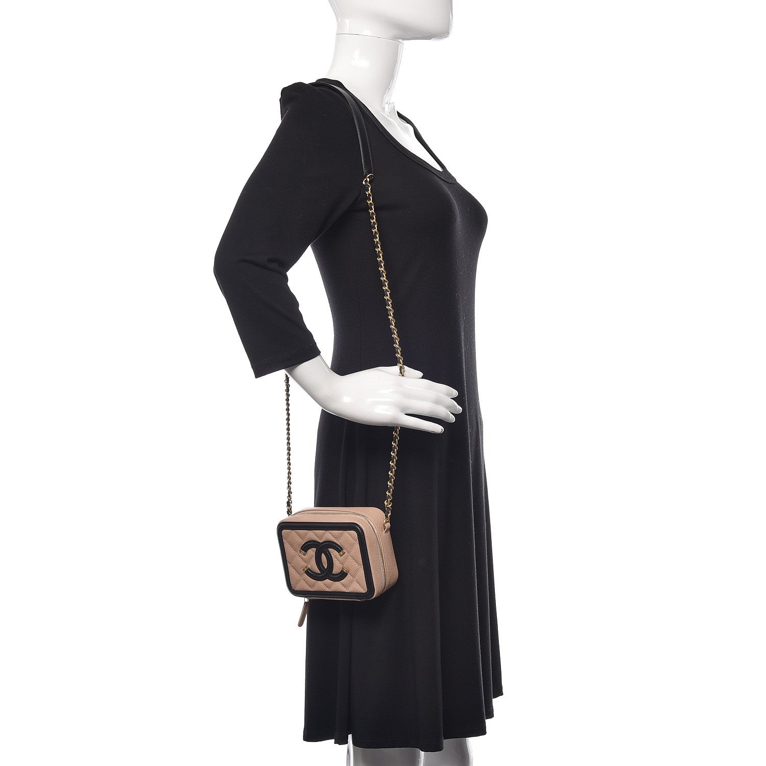 Chanel Caviar Quilted CC Filigree Vanity Clutch With Chain Beige Black 2 of 11