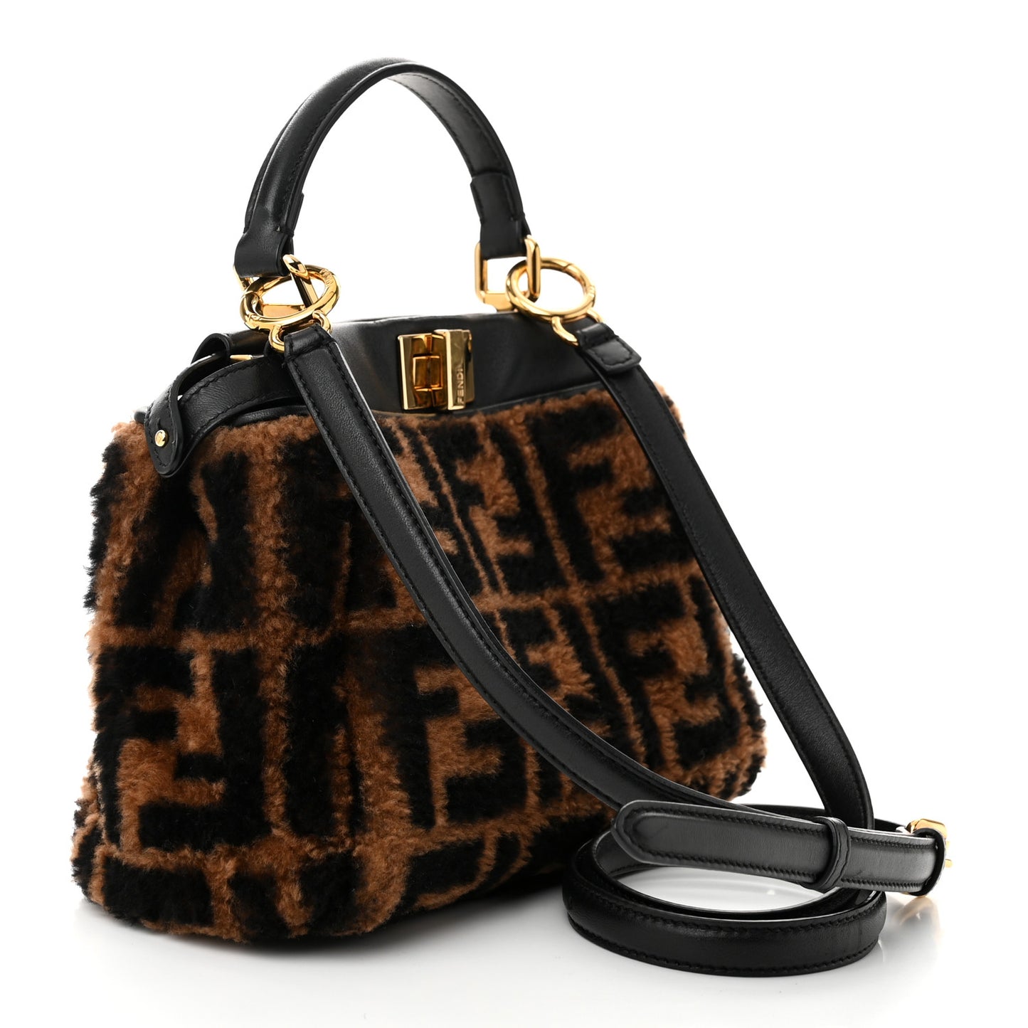 Shearling Nappa Macro FF 1974 Mini Peekaboo Iconic Satchel Tobacco Black