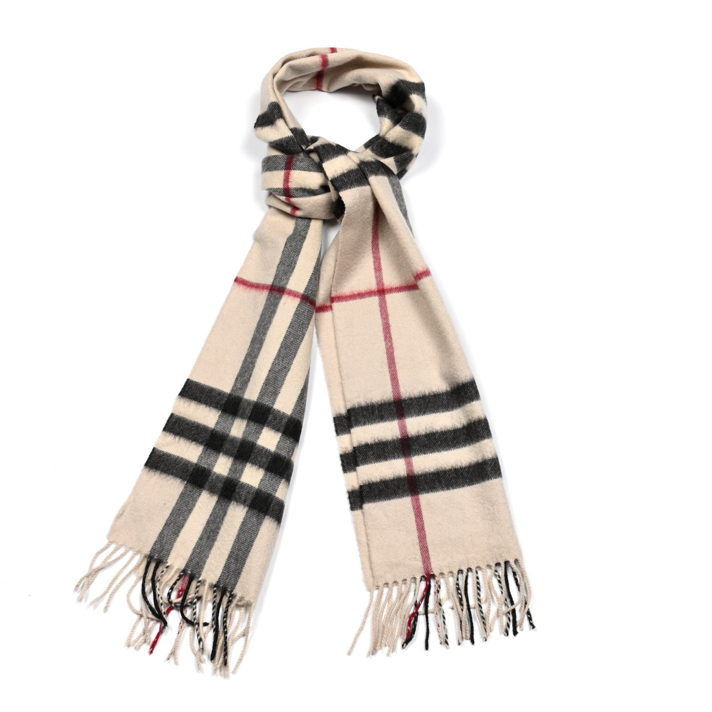 Cashmere Giant Check Fringe Scarf Ivory