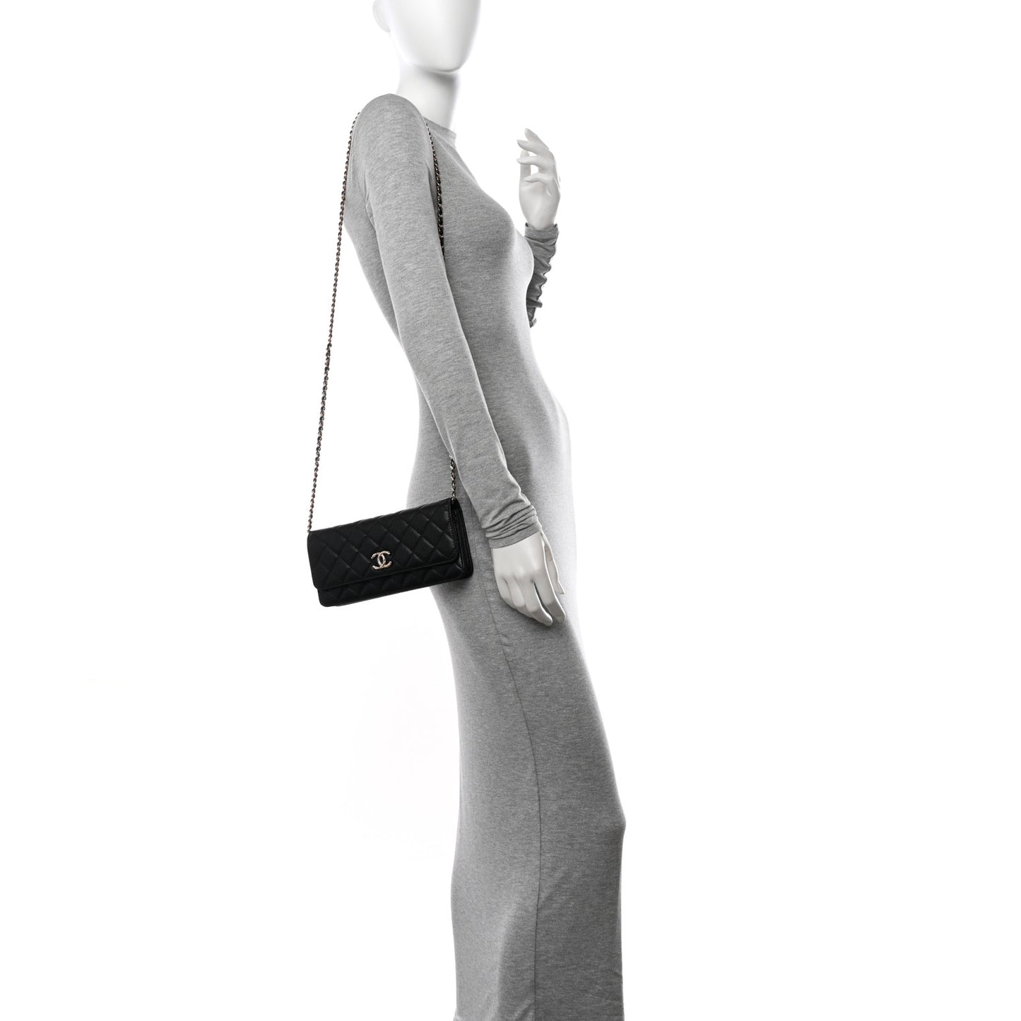 Caviar Quilted Long Clutch With Chain Black
