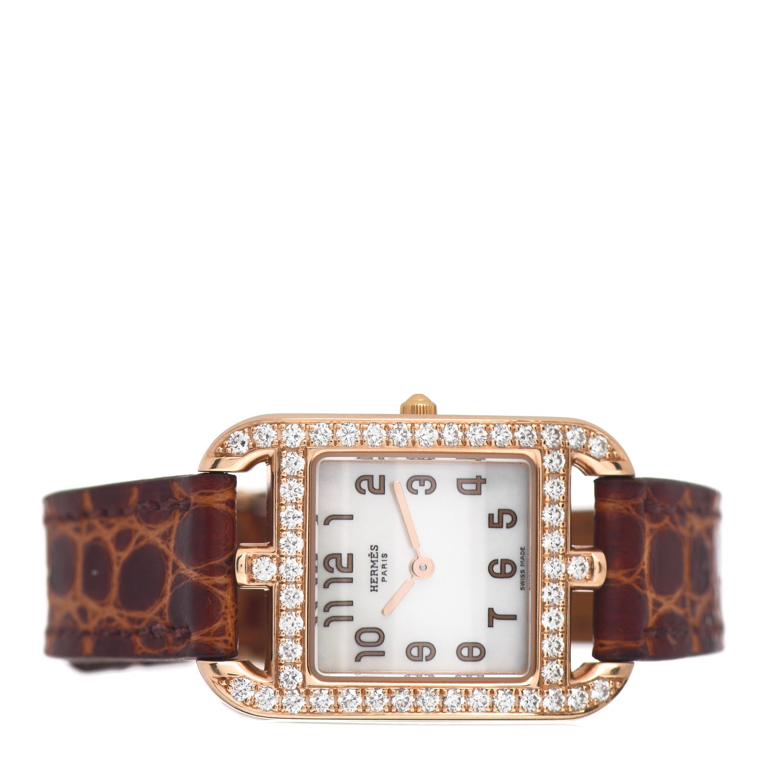 Hermes 18K Yellow Gold Alligator Diamond Bezel Mother of Pearl 23mm Cape Cod Quartz Watch Brown 2 of 4