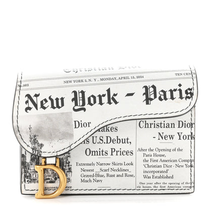 Christian Dior Calfskin Newspaper Print Saddle Bloom Card Holder White Black 1 of 7