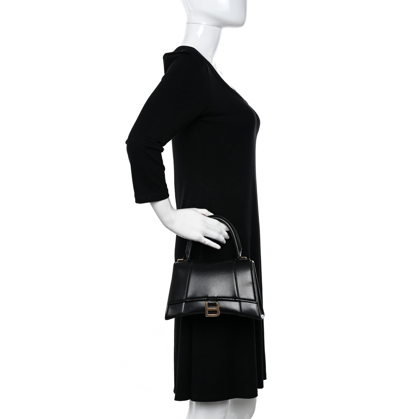 Shiny Box Calfskin Small Hourglass Top Handle Bag Black