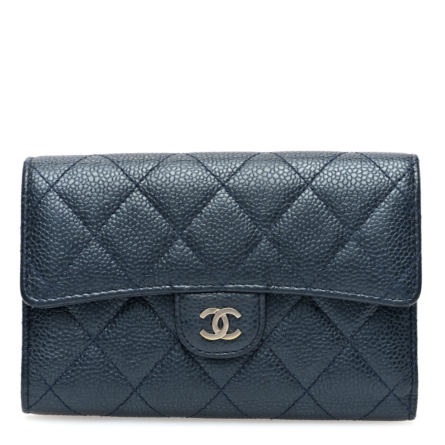 Metallic Caviar Quilted Medium Flap Wallet Dark Blue