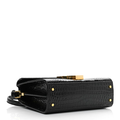 Saint Laurent Calfskin Crocodile Embossed Mini Classic Monogram Cassandra Top Handle Black 4 of 11