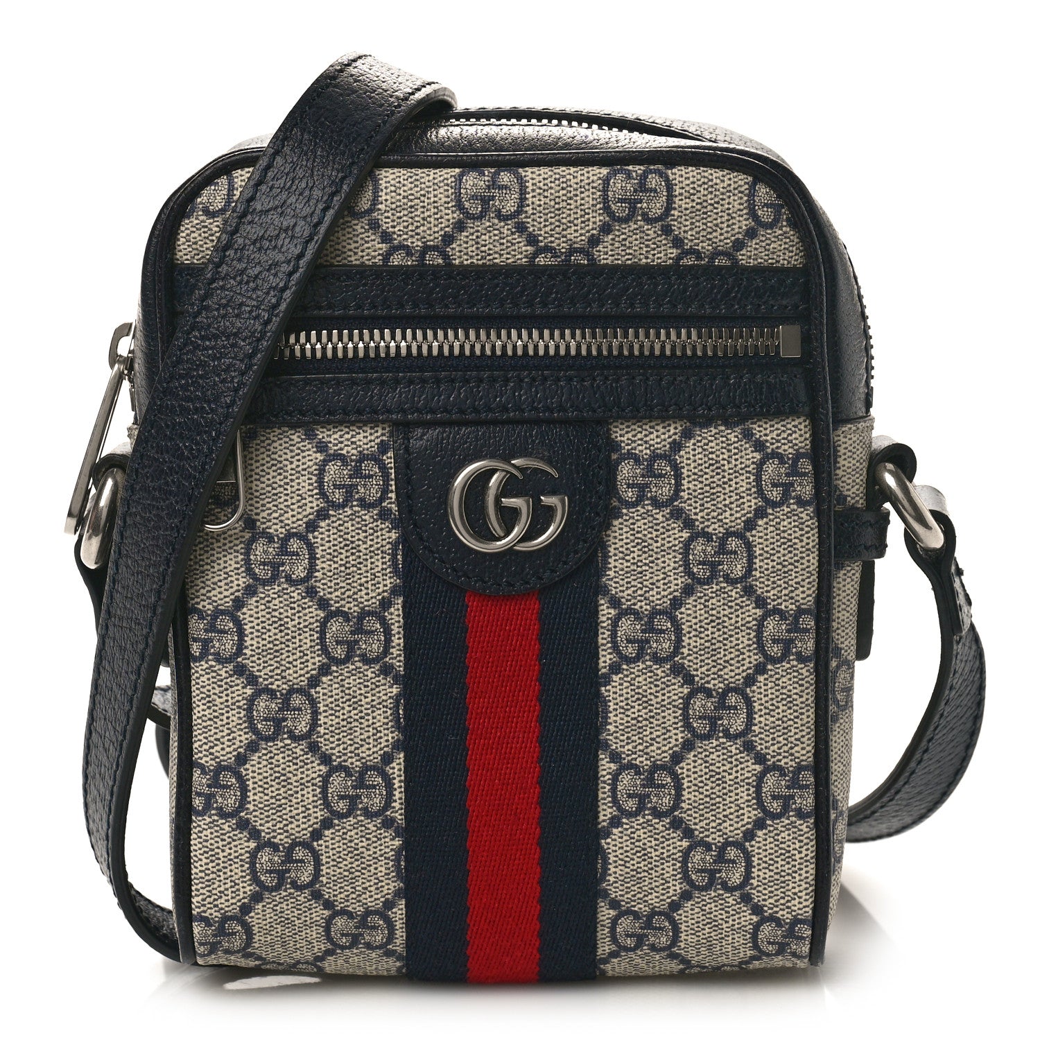 Gucci GG Supreme Monogram Textured Calfskin Web Mini Ophidia Messenger Beige Blue 1 of 8