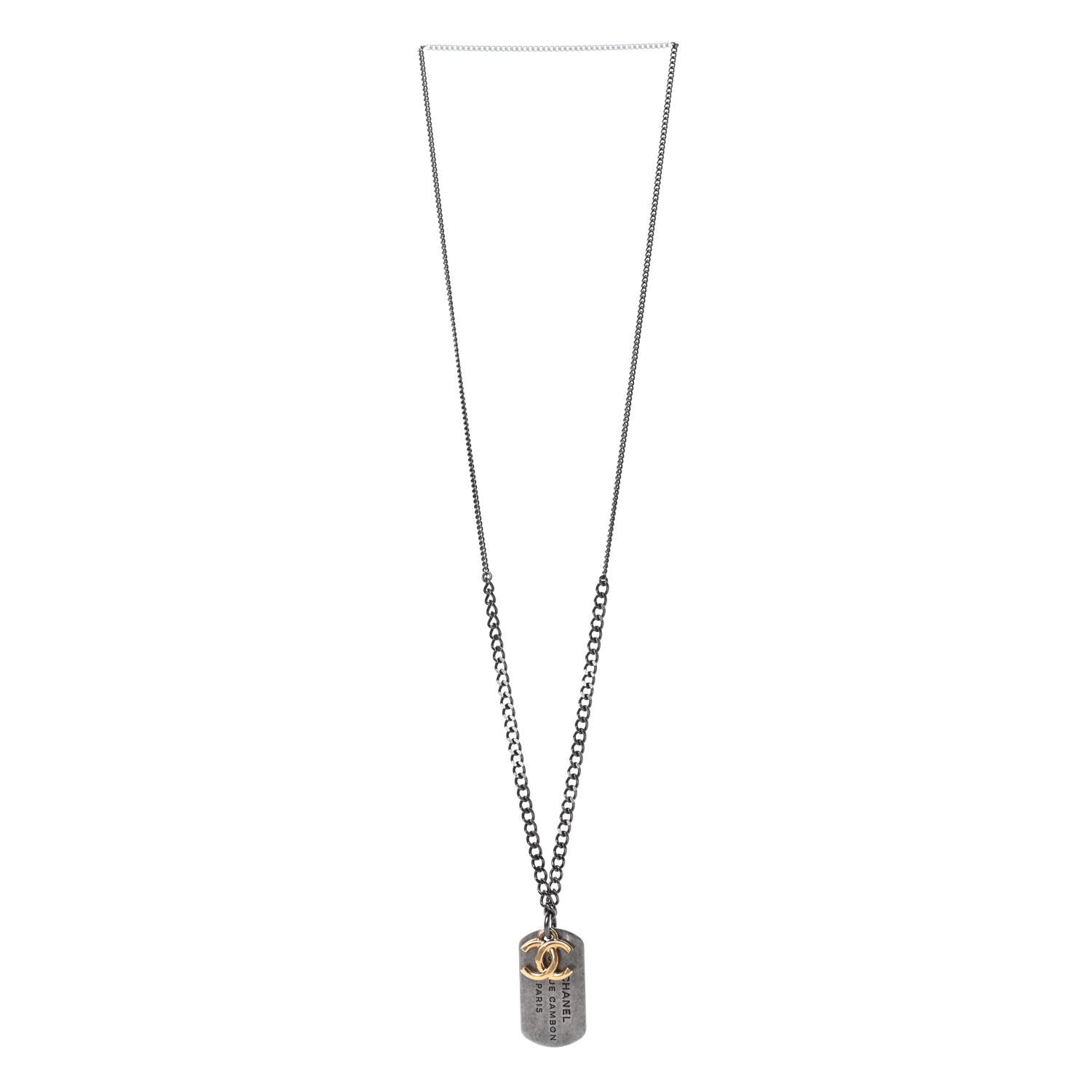 Chanel Ruthenium ID Dog Tag Charm Necklace Silver Gold 3 of 7