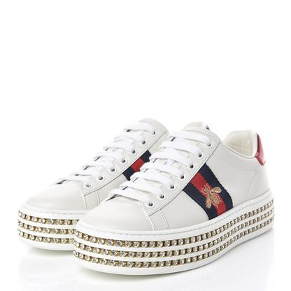 Gucci Calfskin Crystal Web Bee Embroidered Ace Platform Sneakers 34.5 White 3 of 9