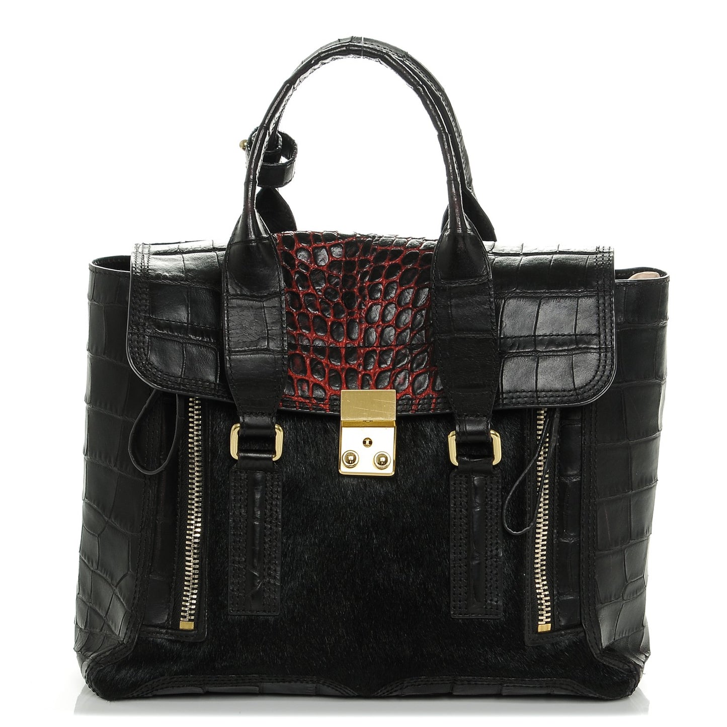 3.1 Calf Hair Calfskin Crocodile Embossed Medium Pashli Satchel Antique Red Black