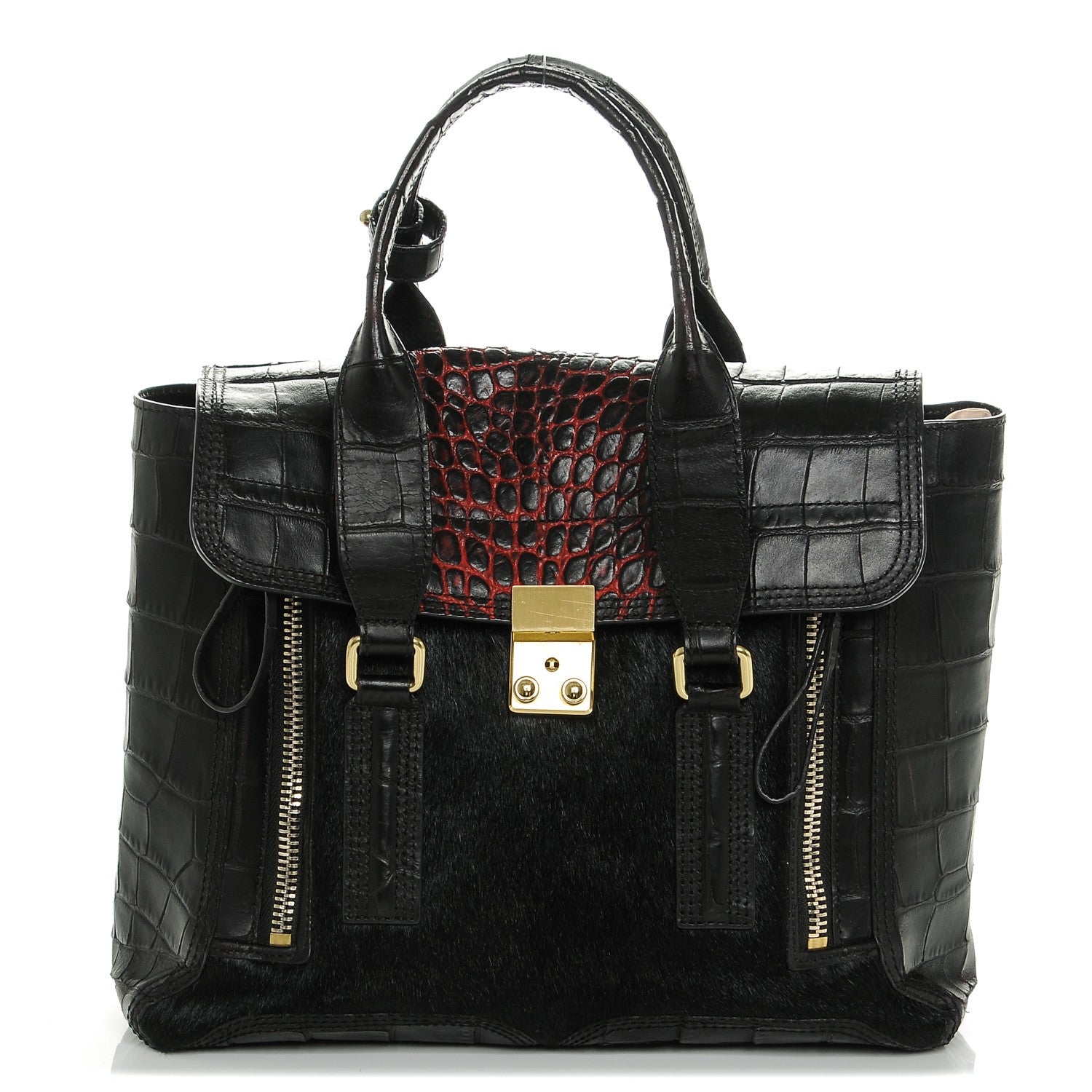 3.1 Phillip Lim 3.1 Calf Hair Calfskin Crocodile Embossed Medium Pashli Satchel Antique Red Black 1 of 8