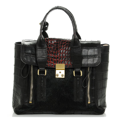 3.1 Phillip Lim 3.1 Calf Hair Calfskin Crocodile Embossed Medium Pashli Satchel Antique Red Black 1 of 8