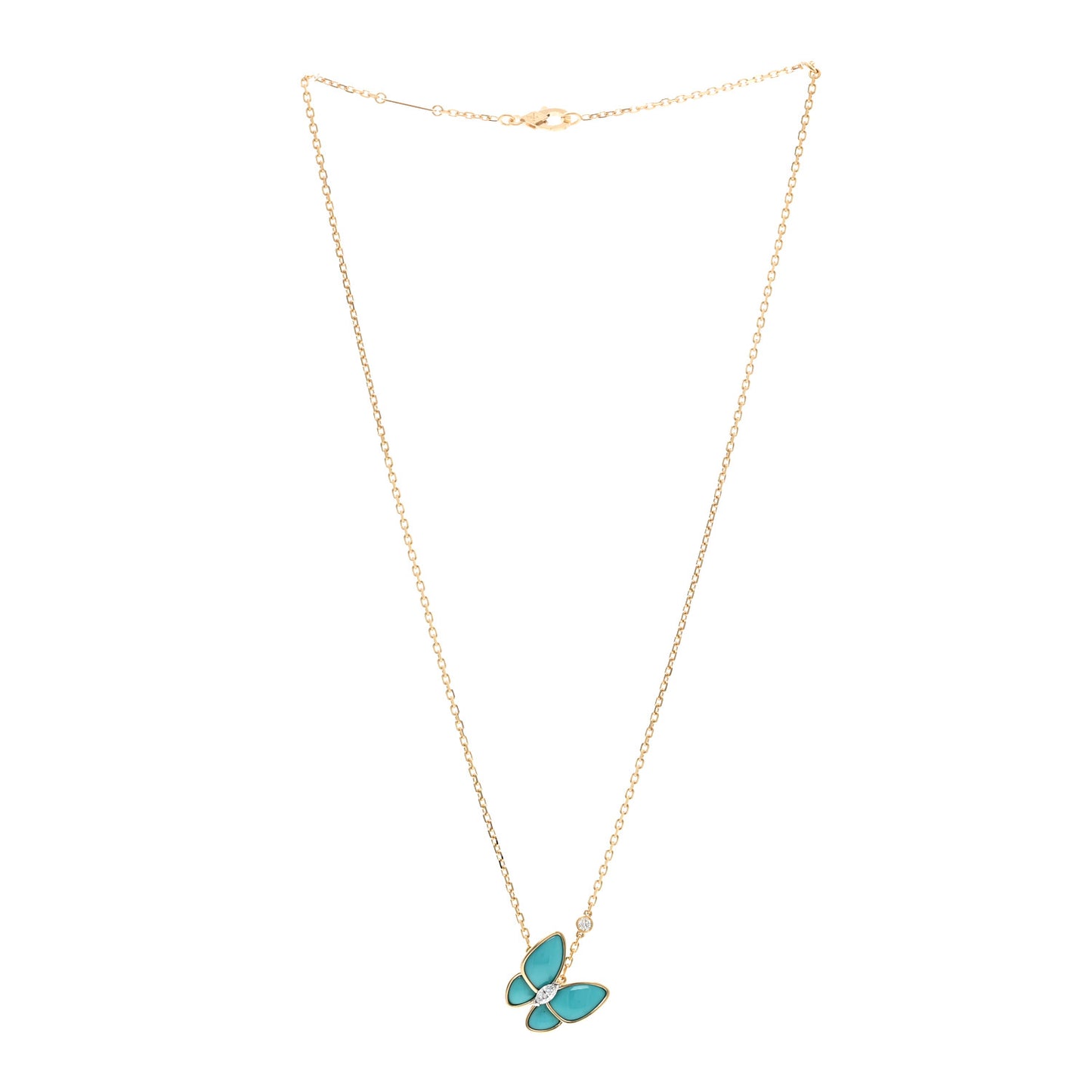 18K Yellow Gold Diamond Turquoise Two Butterfly Pendant Necklace