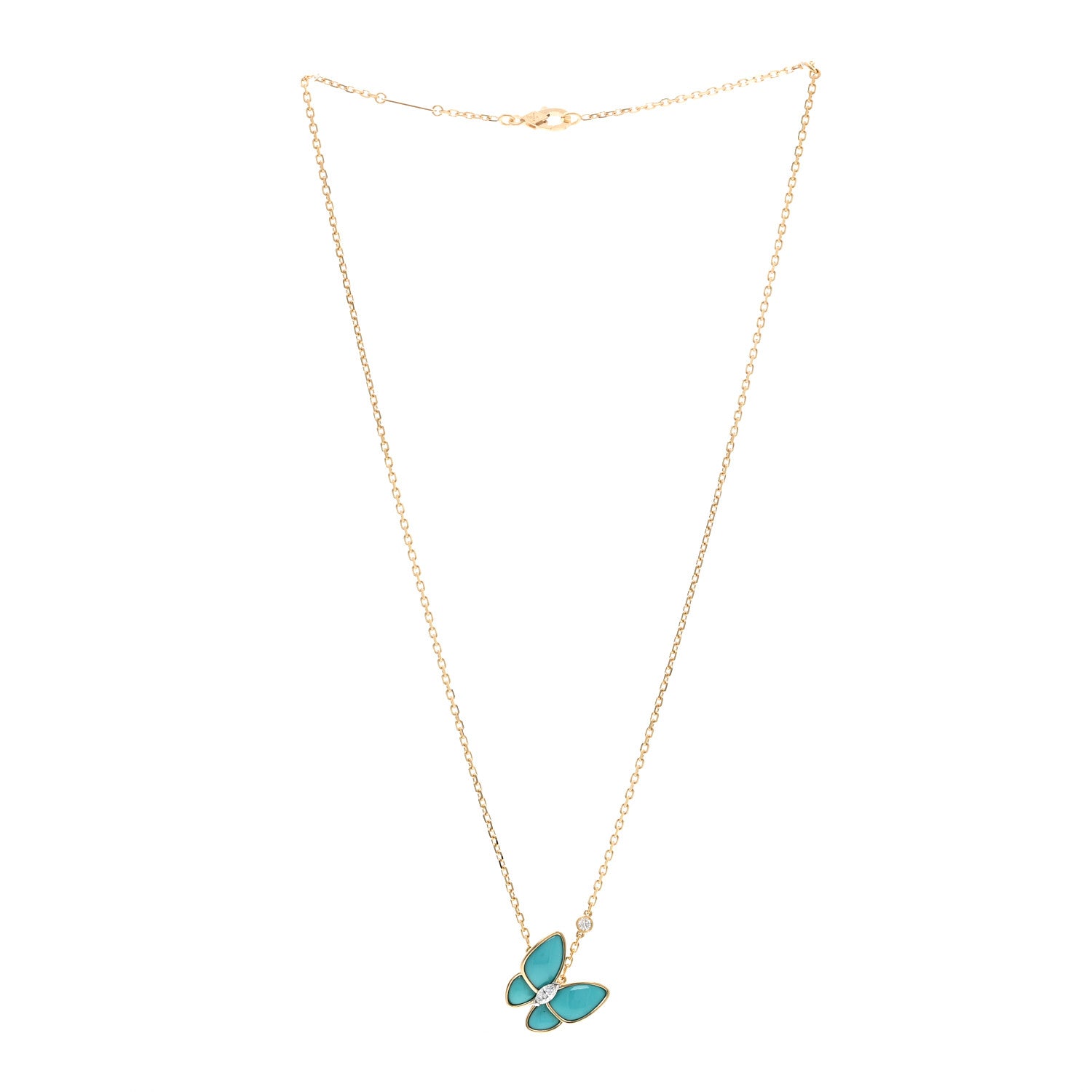 Van Cleef & Arpels 18K Yellow Gold Diamond Turquoise Two Butterfly Pendant Necklace 3 of 6