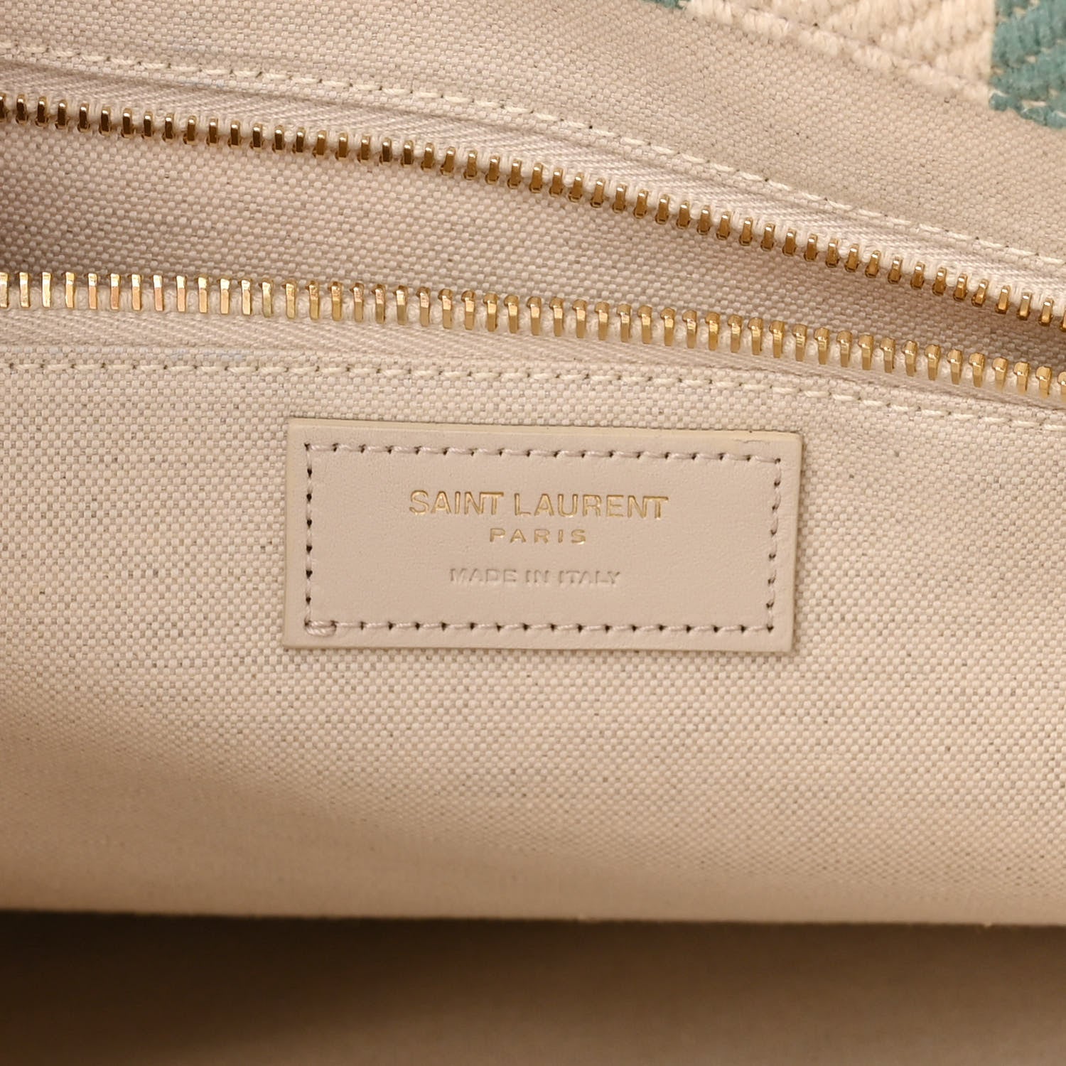 Saint Laurent Cotton Linen Calfskin Striped Rive Gauche Tote Water Green 6 of 12