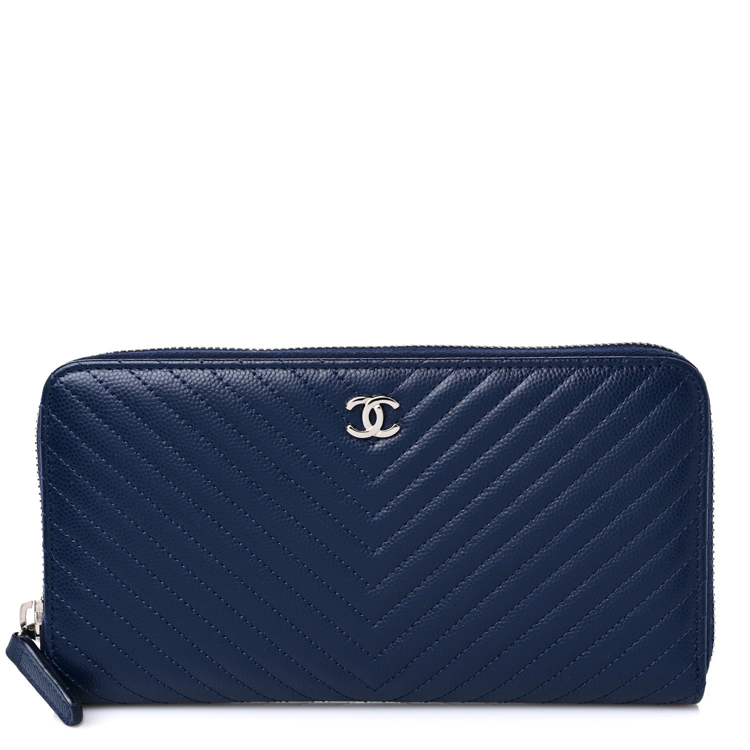 Chanel Caviar Chevron Quilted Large Gusset Zip Around Wallet Navy 1 of 13