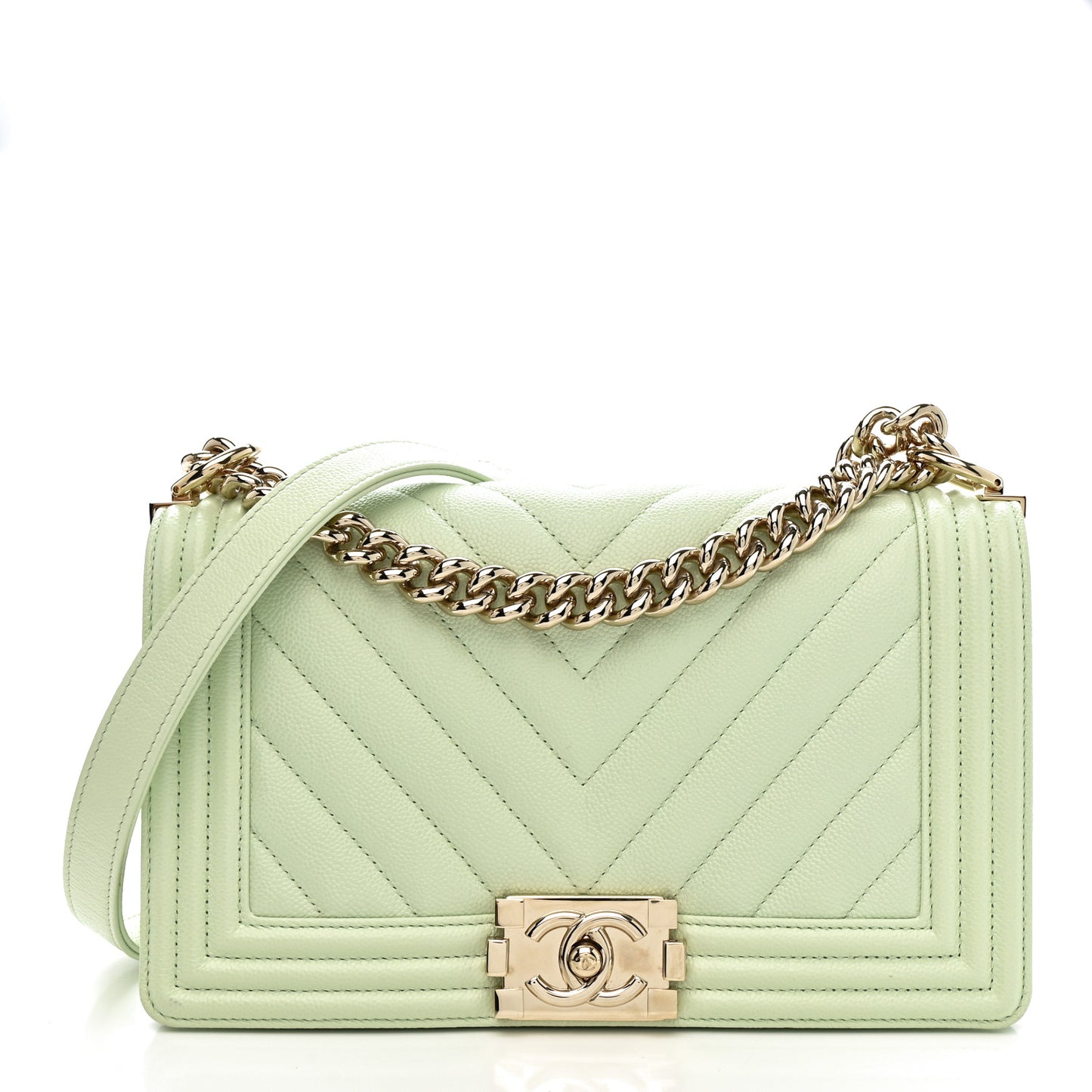 Caviar Chevron Quilted Medium Boy Flap Light Green
