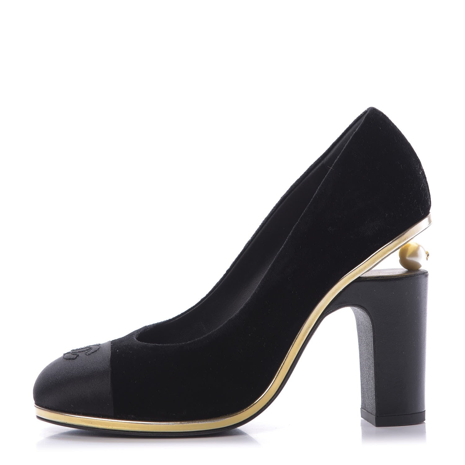 Chanel Velvet Satin Cap Toe Pearl Pumps 38 Black 1 of 15