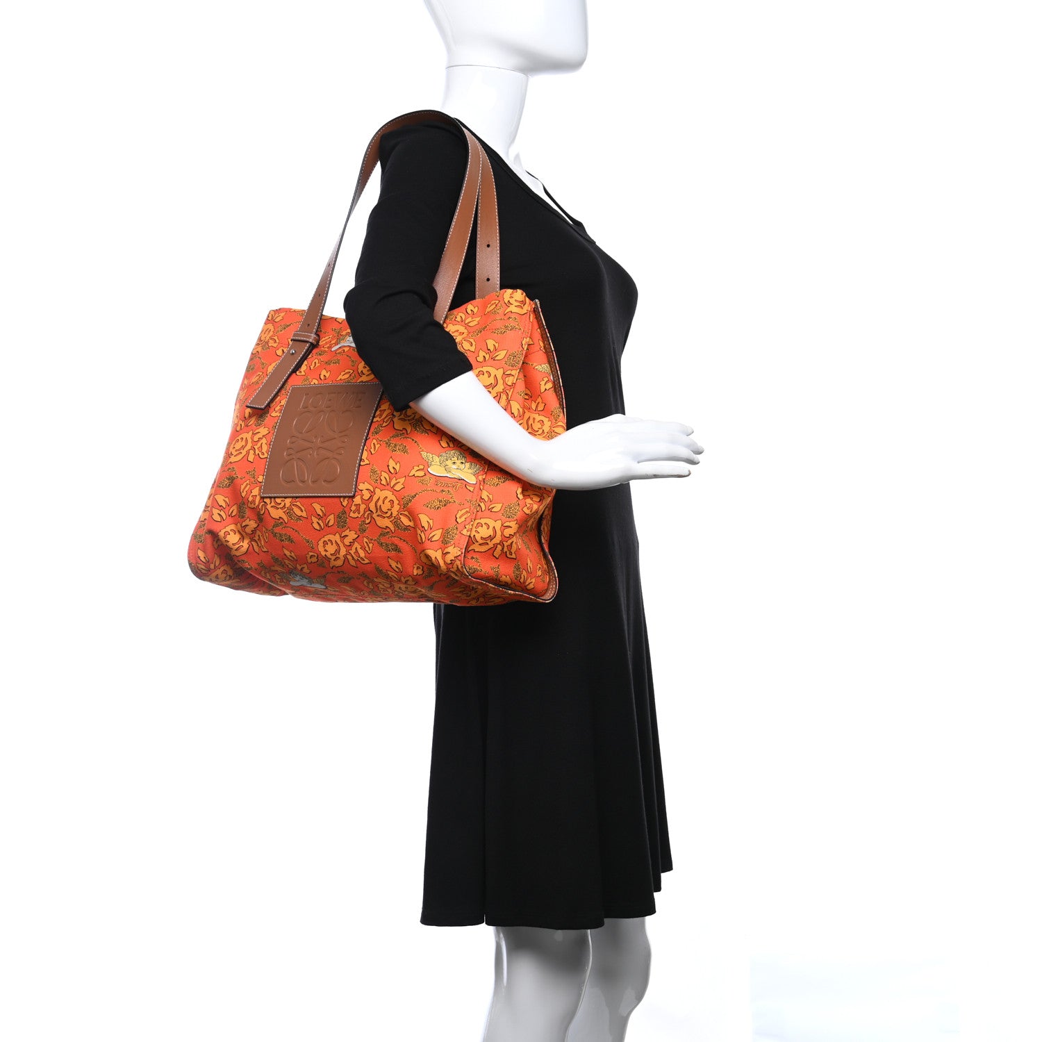 Loewe Canvas Calfskin Ibiza Floral Print Paulas Tote Orange 2 of 9