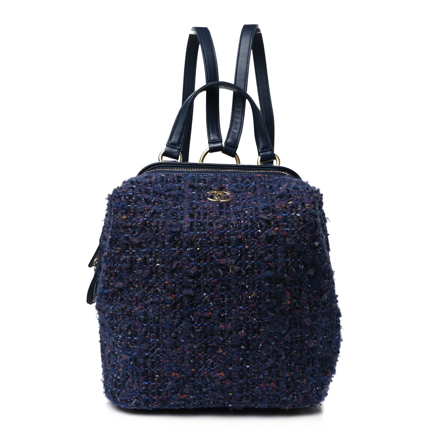 Tweed Calfskin Stitched Frame Backpack Navy