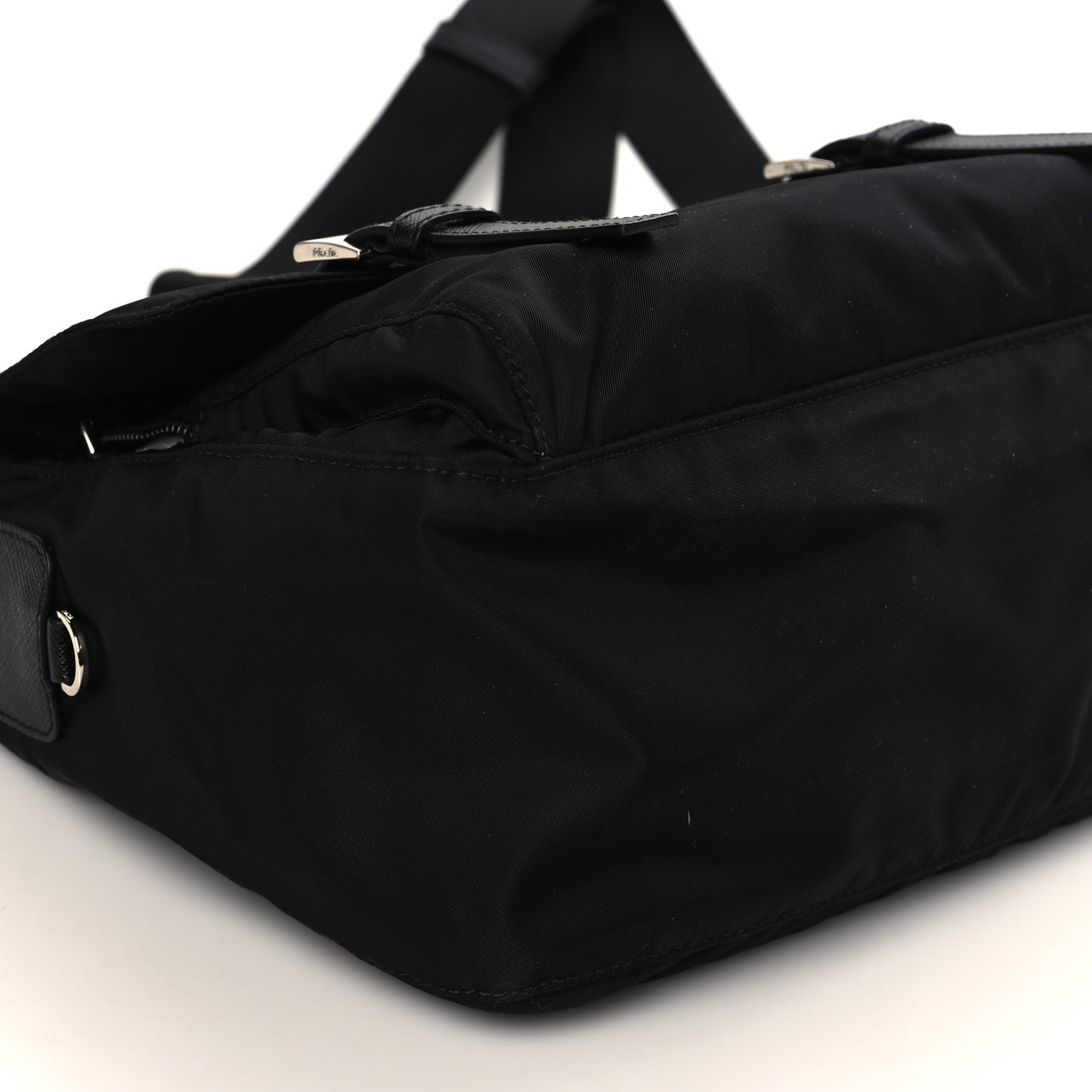Re-Nylon Vela Saffiano Pocket Double Buckle Messenger Shoulder Bag Black