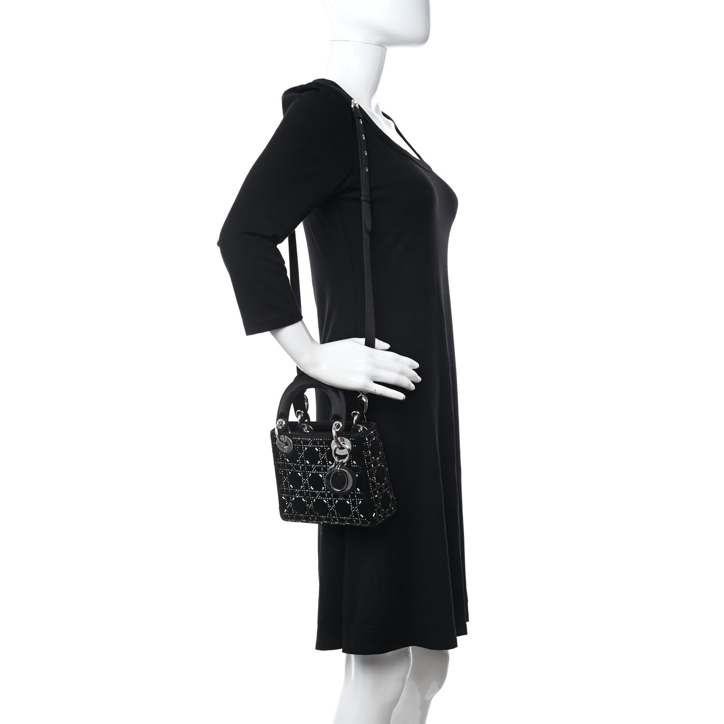 Satin Crystal Cannage Mini Lady Dior Black