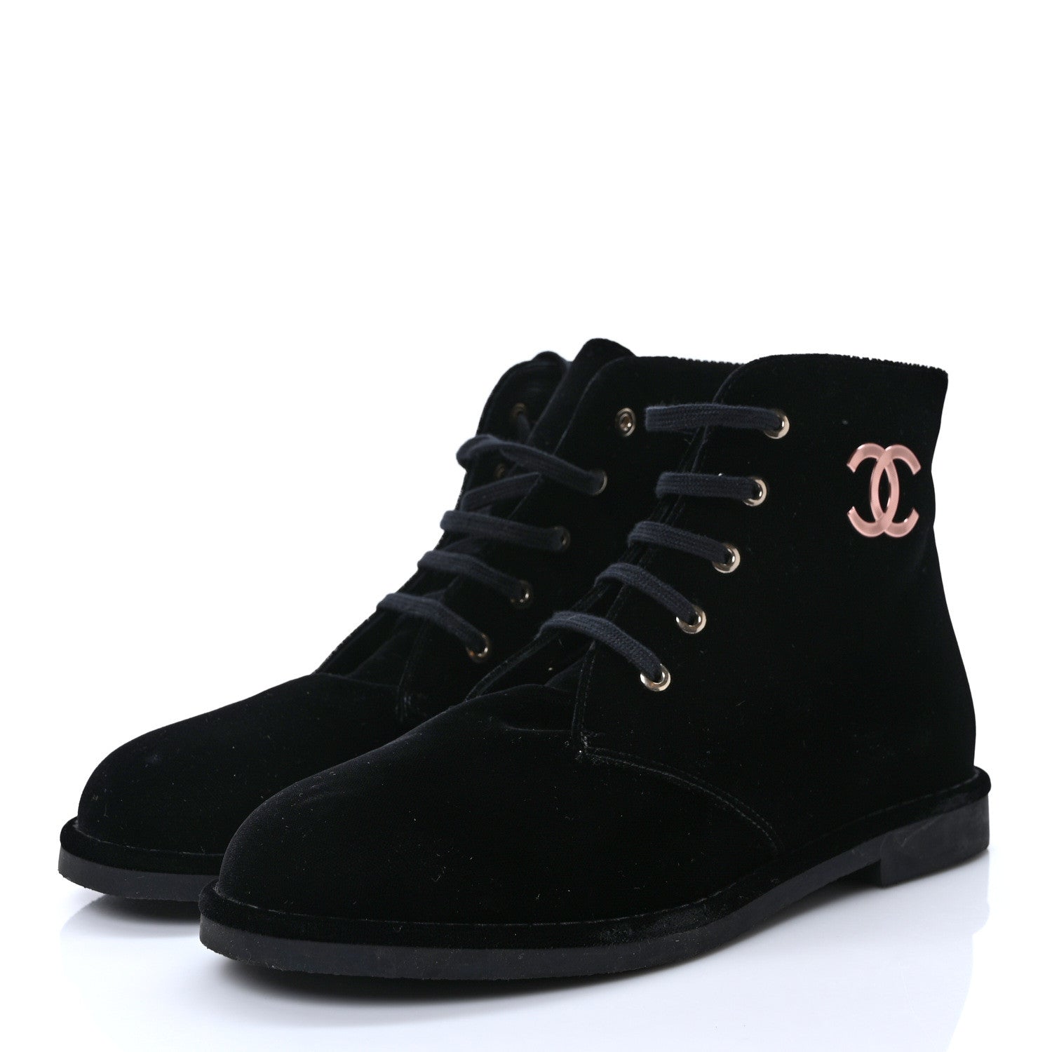 Chanel Velvet CC Lace Up Boots 41 Black 3 of 6