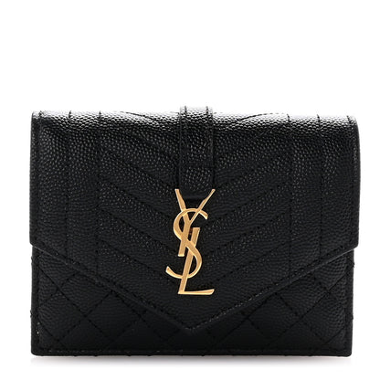 Saint Laurent Grain De Poudre Mixed Matelasse Triquilt Monogram Compact Tri Fold Wallet Black 1 of 7