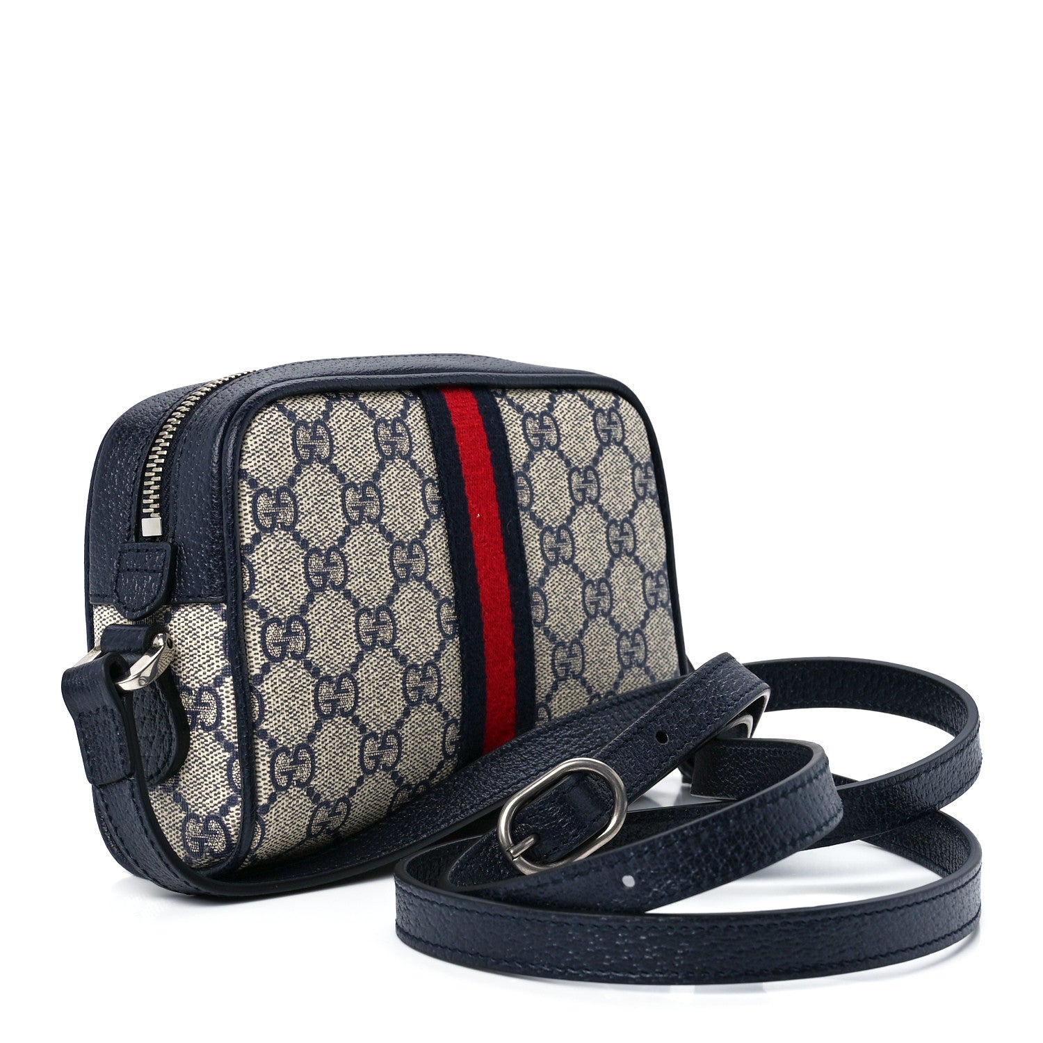 Gucci GG Supreme Monogram Textured Dollar Calfskin Web Mini Ophidia Shoulder Bag Beige Blue 3 of 11