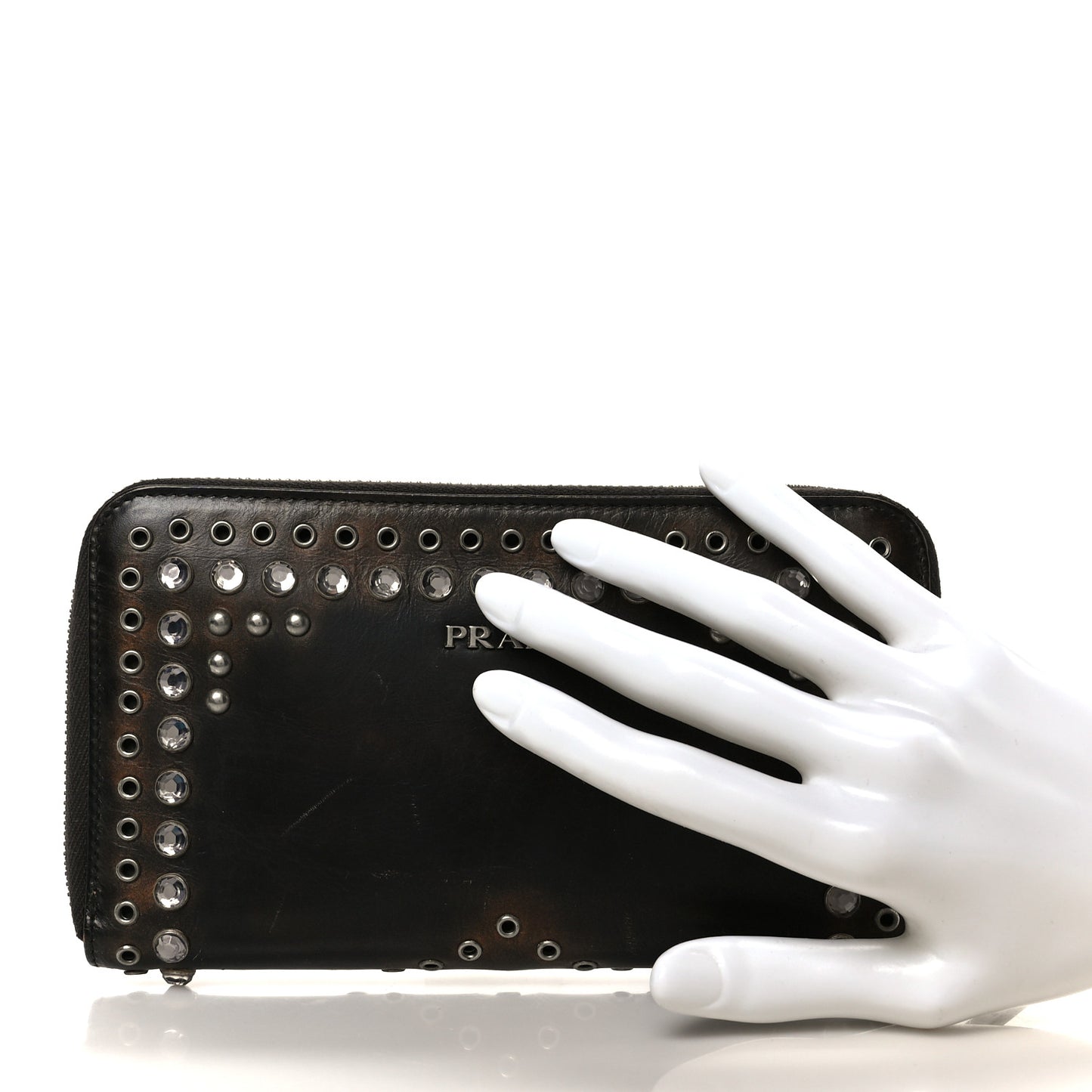 Aged Calfskin Grommet Crystal Studded Zip Around Wallet Ebano