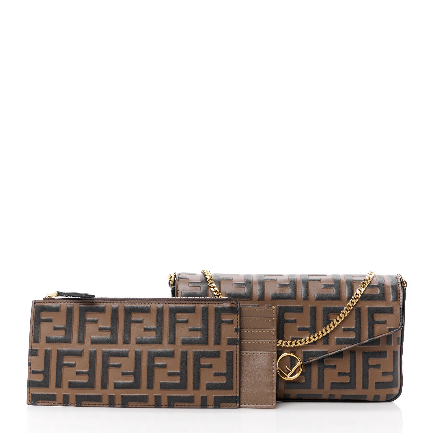 Fendi Vitello Soft F is Fendi Bi-Color FF 1974 Embossed Envelope Wallet On Chain with Pouches Maya Black 3 of 18