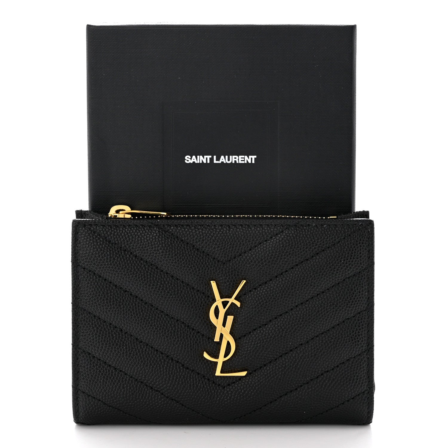 Saint Laurent Grain De Poudre Matelasse Chevron Monogram Zipped Two-Part Wallet Black 8 of 8