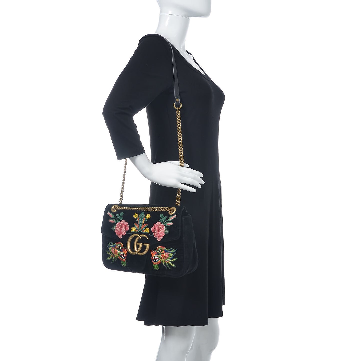 Velvet Matelasse Dragon Embroidered Medium GG Marmont Shoulder Bag Black