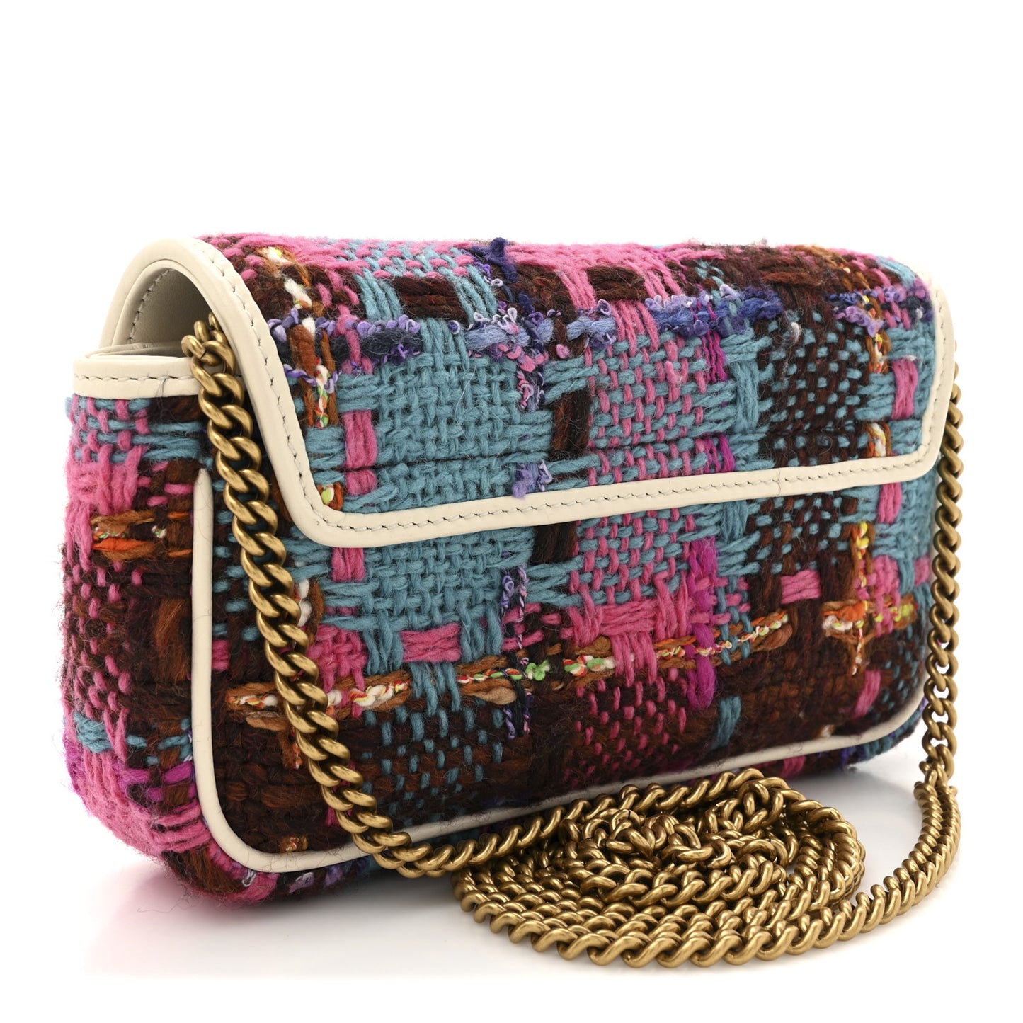 Tweed Calfskin Spicy Check Super Mini GG Marmont Shoulder Bag Pink Multicolor Mystic White