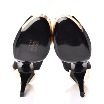 Louis Vuitton Satin Monogram Motard Piccadilly Platform Slingback Pumps 37.5 Black Gold 7 of 9