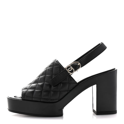Chanel Lambskin Quilted Peep Toe Wedge Sandals 38 Black 1 of 10