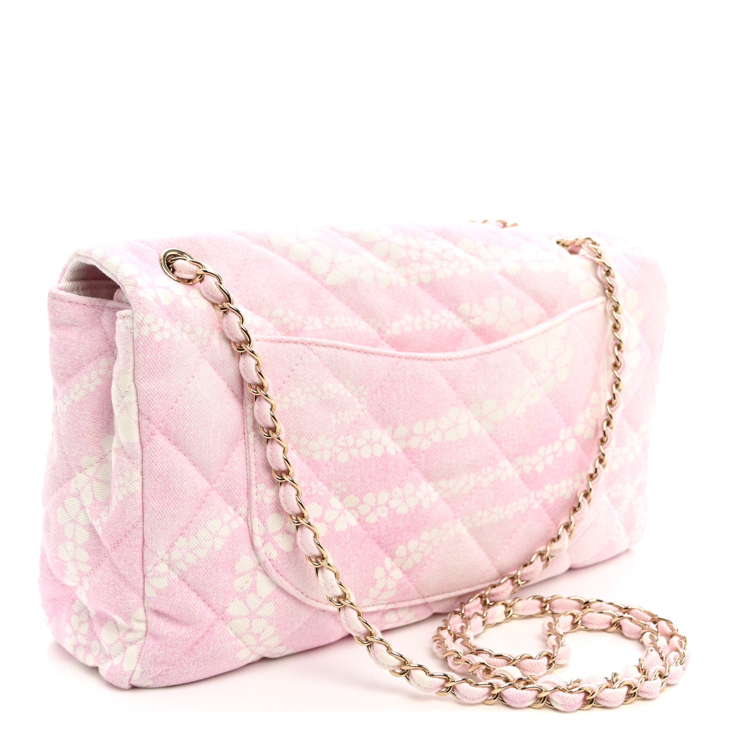 Printed Denim Quilted Maxi Single Flap Bag Pink White