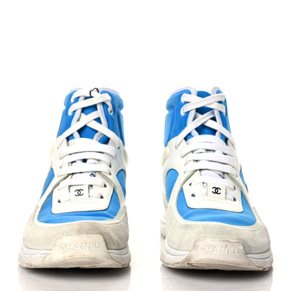 Chanel Suede Calfskin Lambskin High Top CC Sneakers 36 White Blue 2 of 7