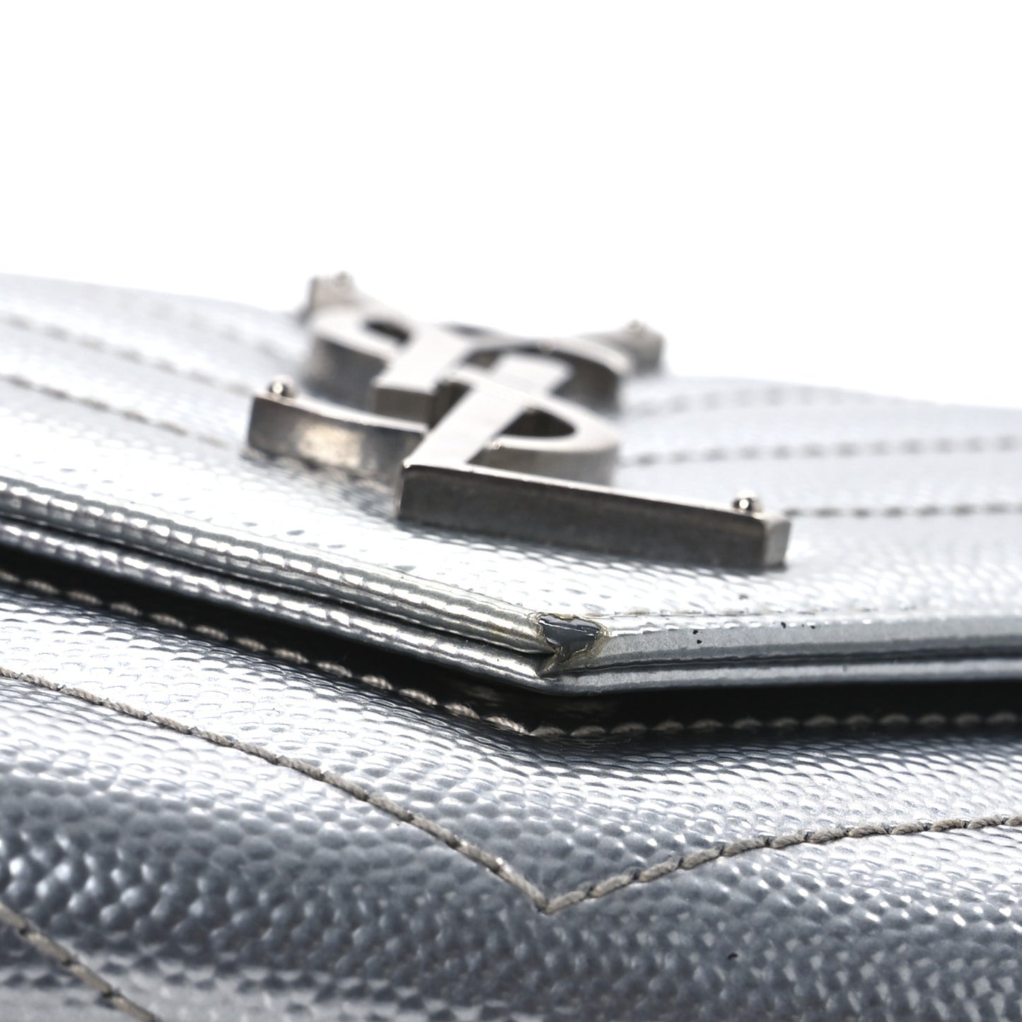 Metallic Grain De Poudre Matelasse Chevron Monogram Flap Wallet Silver