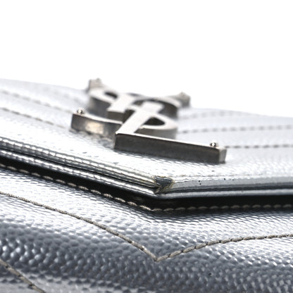 Saint Laurent Metallic Grain De Poudre Matelasse Chevron Monogram Flap Wallet Silver 14 of 16