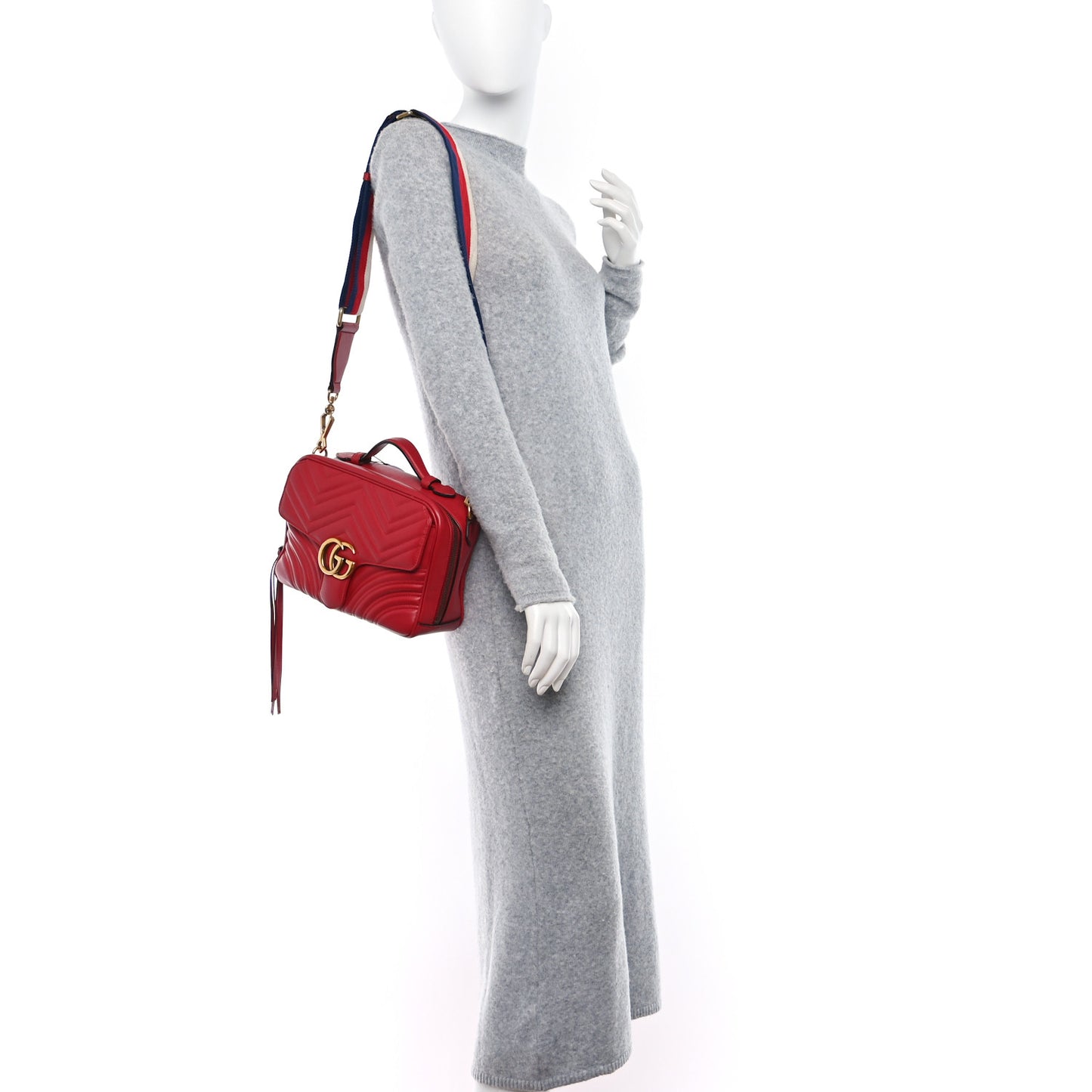 Calfskin Matelasse Sylvie Web Small GG Marmont Top Handle Shoulder Bag Hibiscus Red